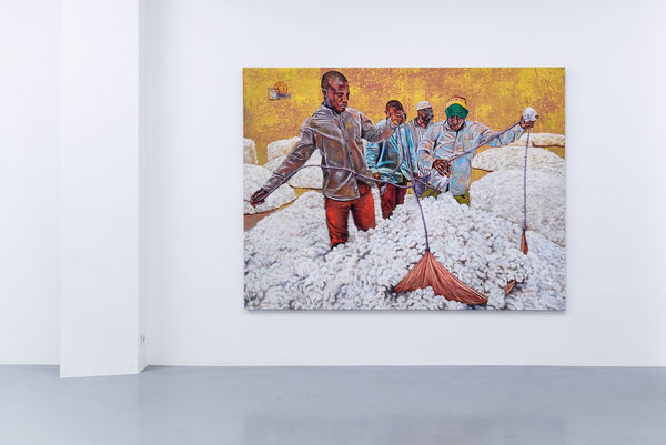 Painting by Jean David Nkot showing men working in a cotton field in Cameroon. AFIKARIS Gallery. Studio Vanssay