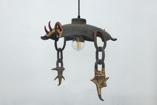 Katja Farin Illuminated Protection, 2023 ceramic, glaze, plug-in pendant light 30.5 x 30.5 x 33 cm 12 x 12 x 13 inches