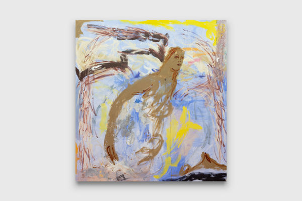 Renée Estée I saw you through the fog, 2024 oil, oil bar, pigment, silver leaf, and found fabric on canvas 162.5 x 152.5 cm 64 x 60 in