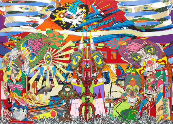 Keiichi Tanaami Transport Machine, 2017 Pigmented ink, acrylic silkscreen medium, crashed glass, glitter acrylic paint, acrylic paint on canvas 144 x 200 x 4 cm