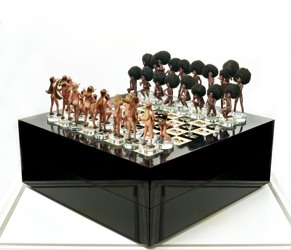 Jake & Dinos Chapman Chess Set, 2003 Board and Box: ebony and rosewood with inlaid skull and crossbones veneer Pieces: hand painted bronze figurines with lead crystal bases and miniature real hair wigs Board and Box: 90 x 90 x 27 cm Knight: 22 cm; pawn: 11 cm