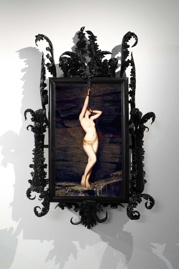 Mat Collishaw Black Mirror 'Andromeda', 2017 Black Murano Glass, Hard Drive, Lacquer, LCD Screen, Steel, Surveillance Mirror, Wood 250 x 130 x 35 cm