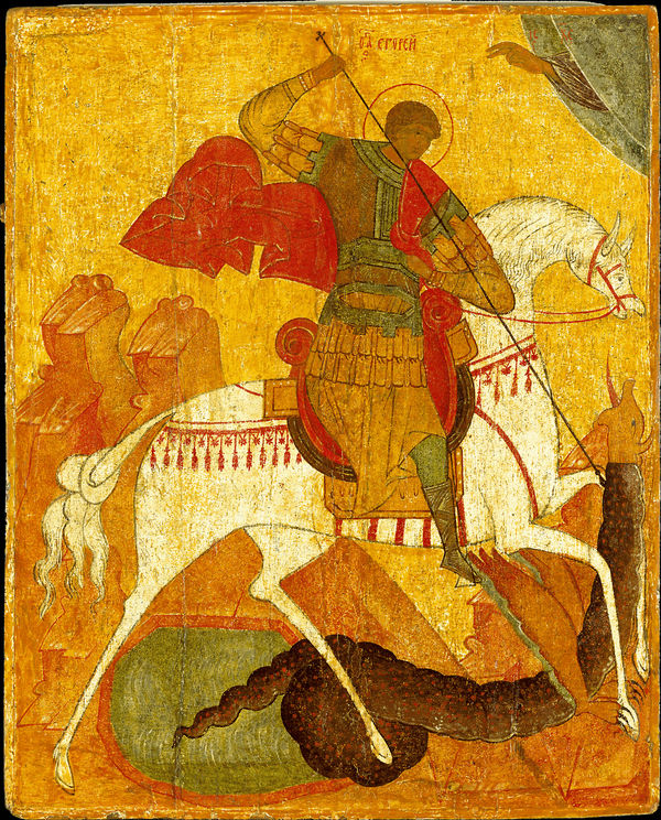 Icon The Miracle of St. George and The Dragon, Last quarter – end 15th century Wood (fir), two boards, two narrow cut-in dowels, sloping ark, whole linen, guesso, tempera 84,7 х 68,7 сm