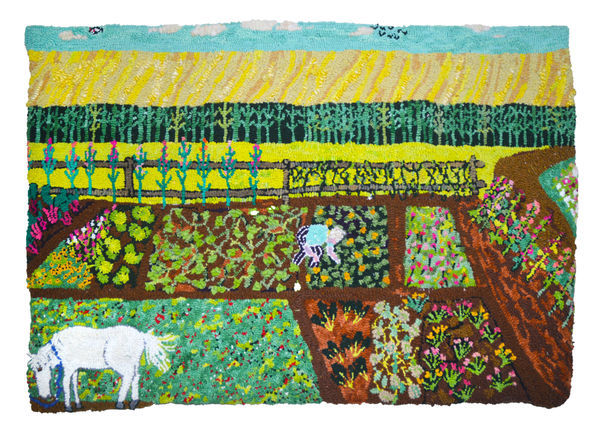 Mary Tooley Parker, Wisconsin Medieval Tapestry, hooked tapestry, 29 x 45"