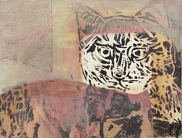 bestia silvestris 12, 2024, Öl und Holzschnitt auf Papier auf Leinwand 30 x 37 cm