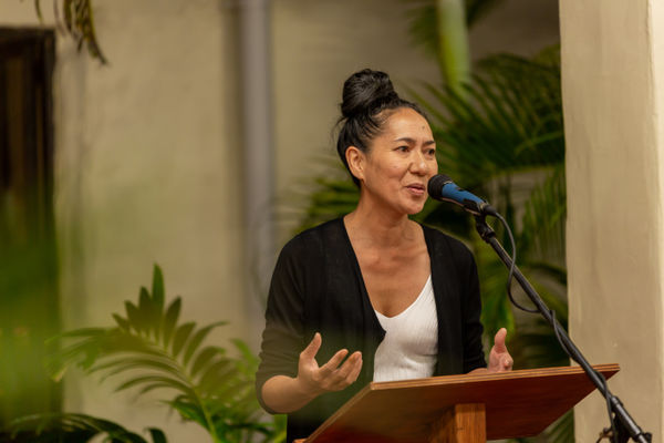 Artist Mahiriki Tangaroa speaks a the opening of A Perfect World, Rarotonga, 2020.
