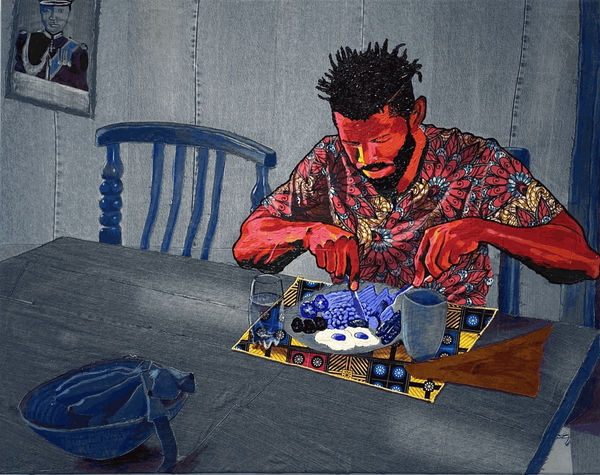 Matt Kayem, Breakfast From England, In Buganda, 2021, Acrylics, oil pastels on denim, bark-cloth and Dutch-wax print, 122 x 152 cm | AKKA Project