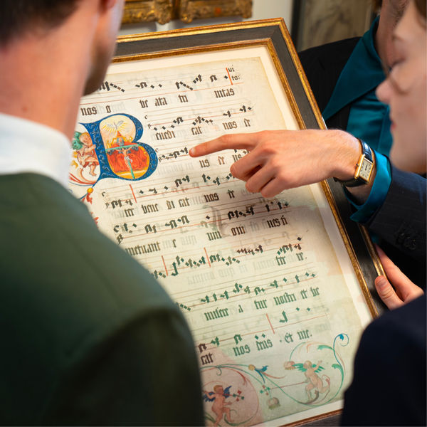 a close up detail of a illuminated leaf from a choirbook realized in Germany in 1550.