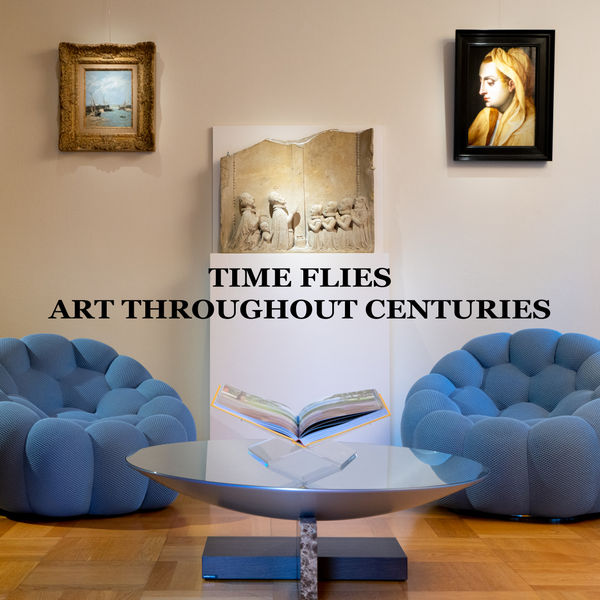 Installation view of an art gallery, with on the wall: one 15th century illuminated miniature by Antoine de Lonhy, one 17th century fragment of a Family Epitaph and one painting by Eugène Boudin.