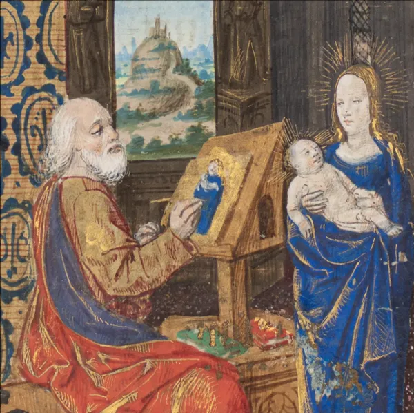 French 15th-century illuminated miniature from a Book of Hours, depicting Saint Luke Painting the Virgin. Illuminated manuscript miniature by Jean de Montluçon, sold by La Gabrielle Fine Arts SA.
