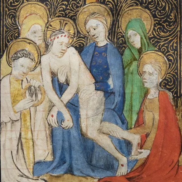 The Pieta, detail of an illuminated leaf painted by Guiraut Salas, painter to the Capitouls of Toulouse, sold by La Gabrielle Fine Arts SA, Geneva, to the Municipal Library of Toulouse, France.