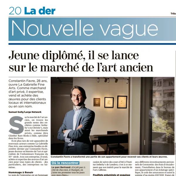 detail of the article published in the Tribune de Genève about Constantin Favre opening his business, LA GABRIELLE FINE ARTS SA