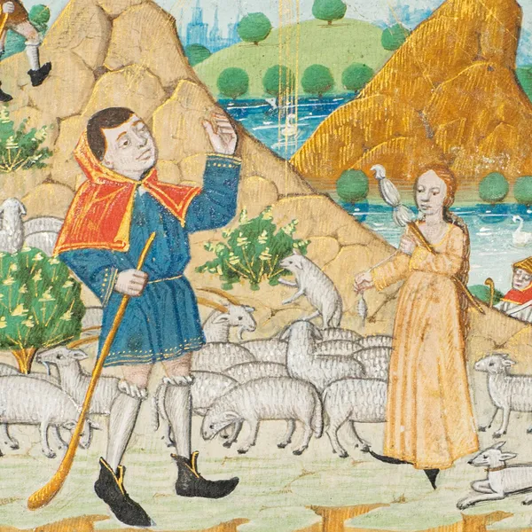 detail of an illuminated manuscript leaf depicting the Annunciation to the Shepherds, painted by Guillaume Hugueniot, sold by La Gabrielle Fine Arts SA to the Free Library of Philadelphia.