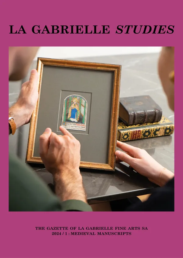 Cover of a book featuring a framed illumination from a Book of Hours with illuminated manuscripts on the table.