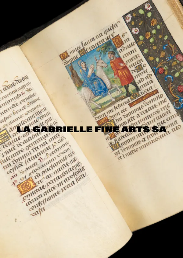 Book cover of a beautiful presentation brochure published by La Gabrielle Fine Arts SA, Geneva, on the occasion of the art fair The Winter Show 2026, in New York City, with a medieval manuscript illumination on the cover.