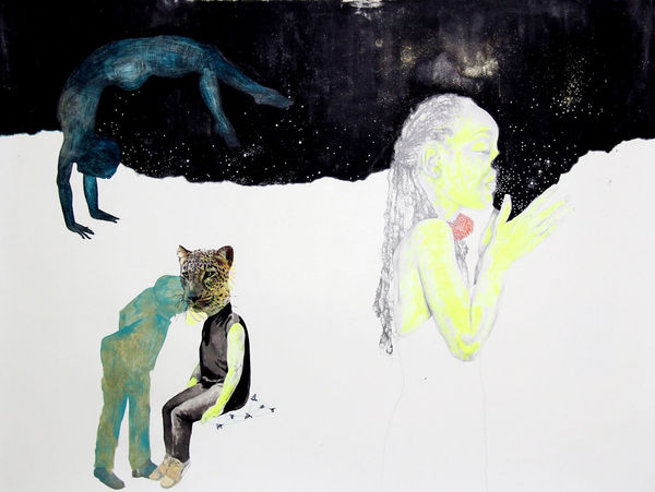 ruby onyinyechi amanze Midnight and the Loving Spy 2015 Ink, photo transfers, fluorescent acrylic, graphite, birchwood 96.5 x 127cm