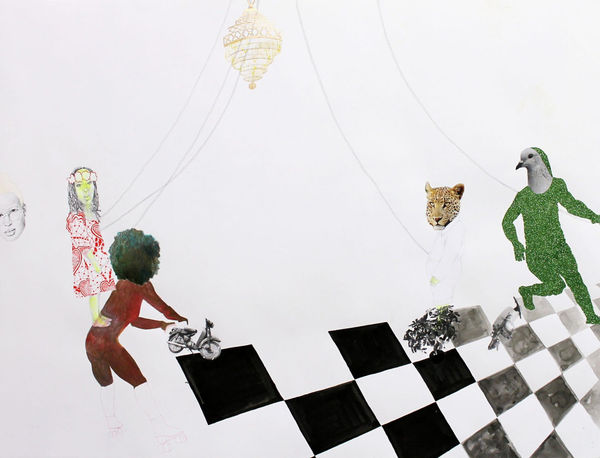 ruby onyinyechi amanze We Are Fools Not Clowns 2015 Ink photo transfers, graphite, metallic enamel glitter, pencil, crayon 96.5 x 127cm