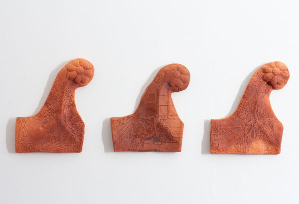 Remy Faint, Finials (Inscription), 2025, terracotta, red oxide, 35 x 28 cm each / 13 3/4 x 11 in each