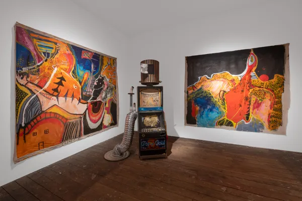 Tennant Creek Brio Pot of Gold (Manco - Designed for the Future) (Levi McLean, Fabian Brown, Rupert Betheras Lindsay Nelson, Joseph Williams, Clifford Thompson), 2025 Slot Machine, found objects, steel, enamel, ipad, video loop with sound 190 x 54 x 50cm (190 x 110 x 70cm)