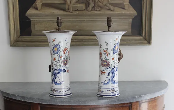Pair 18th century Delft trumpet vase lamps