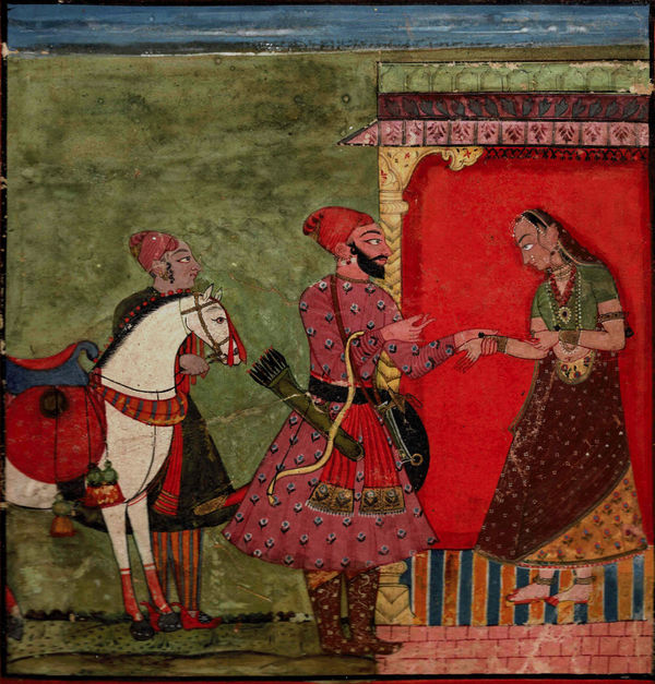 A Warrior bids farewell to a lady, an illustration to the Ragamala series, Pahari, Chamba