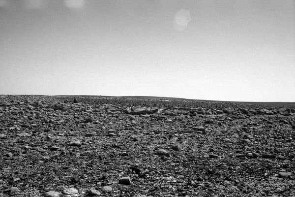 Textural desert landscape at Mount Karkom. Nuanced stones in the foreground lead to a subtle ridge, documenting the layers of time and human passage.