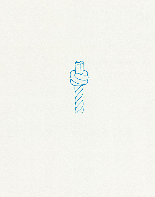 A vertical marine knot printed in cyan blue pigment. The Gum Bichromate process gives the rope a soft, illustrative quality.