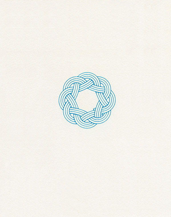 A circular, decorative marine knot printed in a deep blue tone. The image highlights the intricate overlapping lines of the rope.