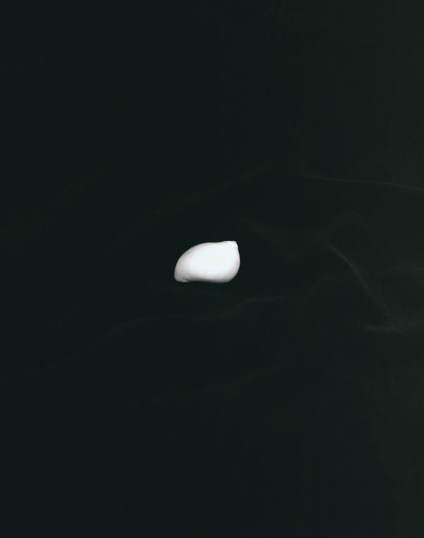 A minimalist black and white photograph of a single white seashell floating in a sea of pure black. The Kodalith process strips away all environment, leaving only the bright, organic form of the shell.