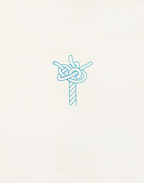 A detailed Gum Bichromate print of a frayed rope knot in cyan blue, isolated in the center of a textured paper frame.