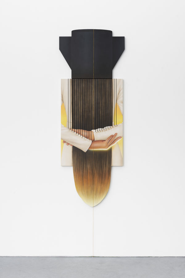 Arghavan Khosravi The Hair, 2022 Acrylic on canvas over wood panel and on shaped wood panel, elastic cord, leather cord 192 x 72 x 6 cm. 75 x 28 x 2 in. 2 panels Top 53 x 70 x 3 cm Low 137 x 66 x 4cm
