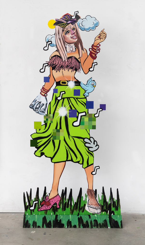 Allison Zuckerman Hula, 2022 Oil, acrylic, and cmyk ink on aluminium and polyethylene 188 x 76 cm. 74 x 30 in.