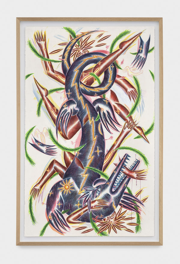 John Fou WRESTLING CROC, 2021 Colored pencil, Acrylic on paper 201.5 x 129.5 cm. 79 ¼ x 51 in.