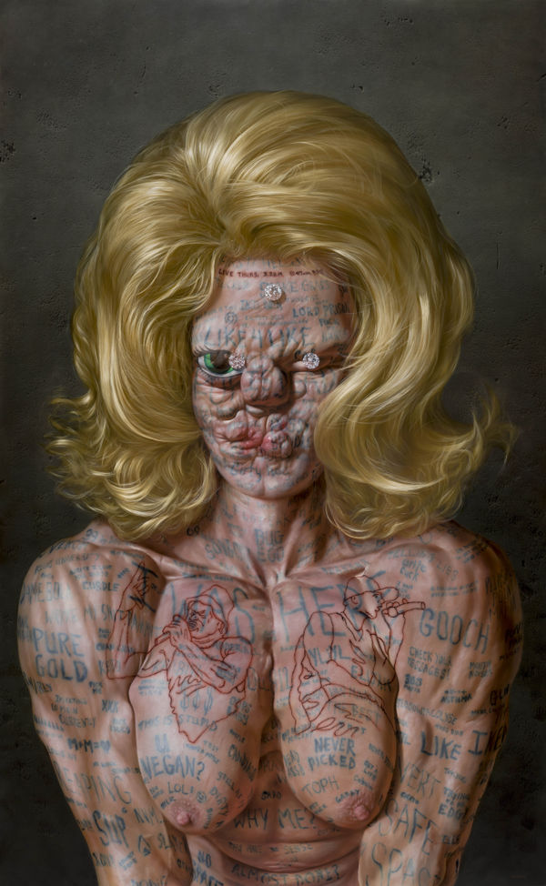 Christian Rex van Minnen Diamonds and Self Portrait with Live Instagram Video Comment Tattoos and Battle Rapper Breasts, 2019 Oil on linnen 152 x 246 x 7.6 cm. 60 x 97 x 3 in.