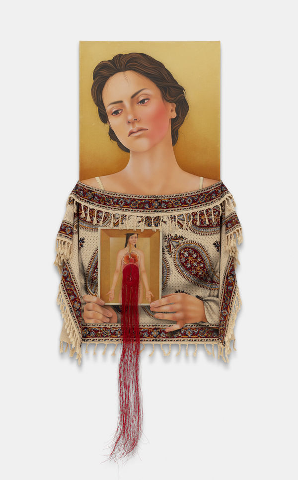 Arghavan Khosravi The Anatomy of a Woman Series #2, 2019 Acrylic on cotton canvas and found wood block printed textile mounted on two shaped wood panels 95 x 45 cm. 37 x 17 in.