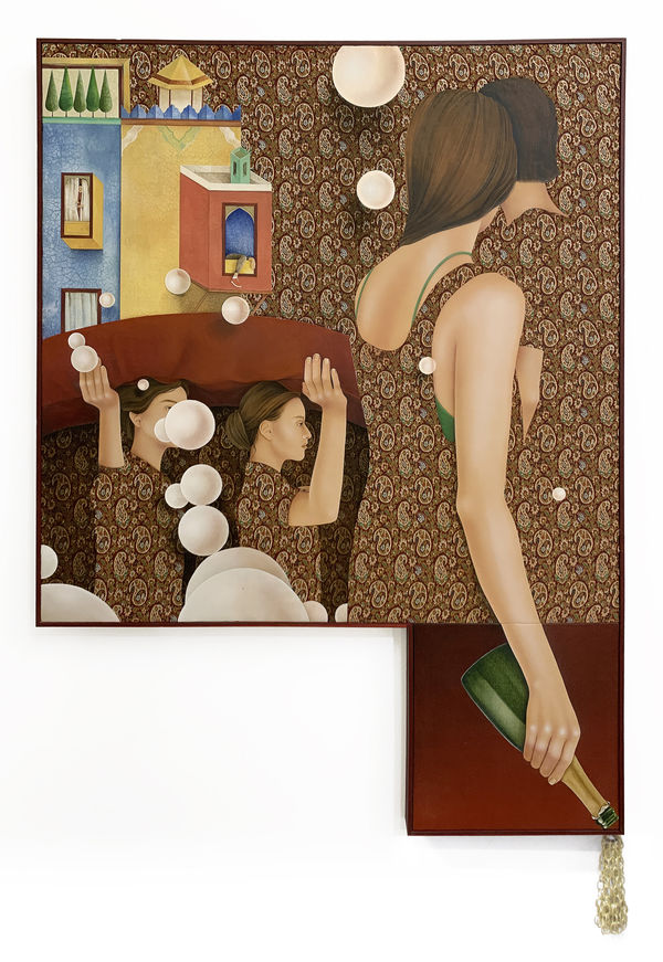 Arghavan Khosravi Forbidden Funeral, 2018-2020 Acrylic and gold leaf on found woven patterned textile and linen on wood panels, wood cutouts, brass chain 94 x 140 cm. 37 x 55 in.