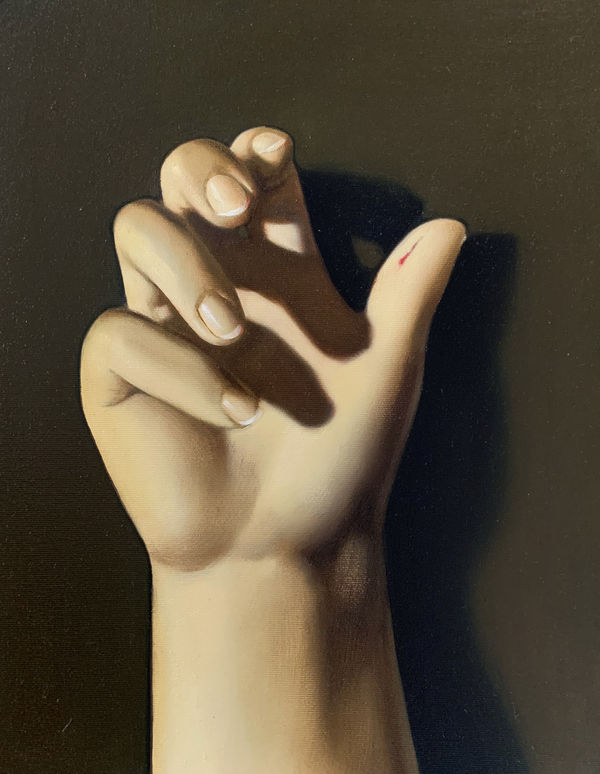 Anna Weyant Paper Cut, 2020 Oil on canvas (on 1/4 inch hard foam board) 28 x 35 cm. 11 x 14 in.