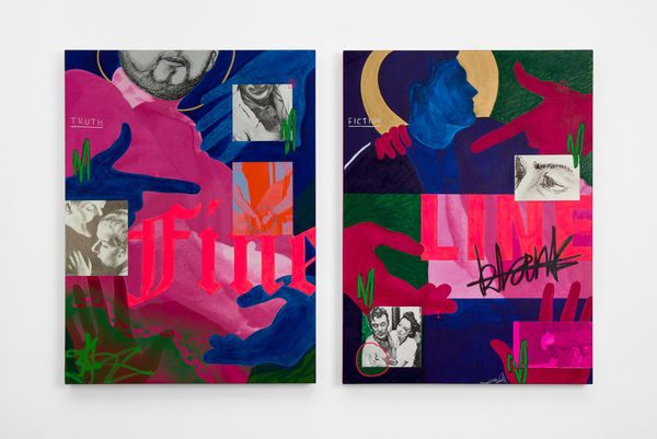 Gabriella Sanchez MATTER OF TRUTH AND FICTION (DYPTICH), 2020 Acrylic, oil stick, spray paint, ink, oil pastel, archival pigment prints on paper, UV pigment print on canvas Diptych 193 x 122 cm. 76 x 48 in.