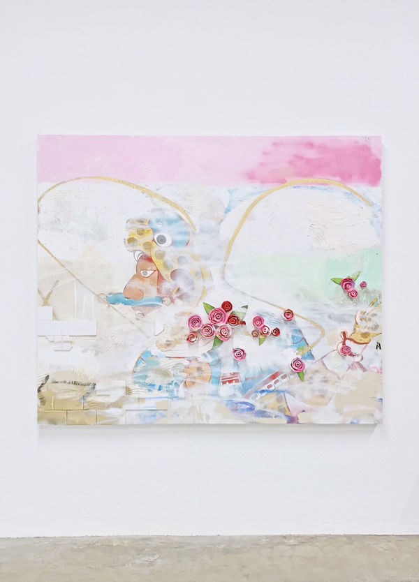 Patrick Martinez Desecrated Jaguar Figure (Resilient Kat), 2020 Stucco, ceramic, ceramic tile, acrylic paint, reflective adhesive letter, mean streak, spray paint and latex house paint on panel 152 x 183 cm. 60 x 72 inches