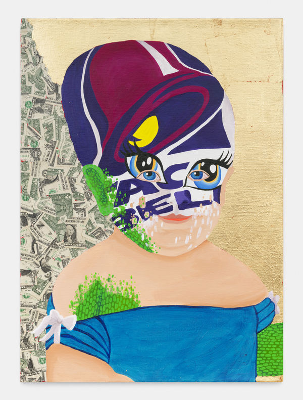 Bailey Scieszka Baby with Taco Bell Face Paint (Ring My Bell), 2019 Acrylic, gold leaf, and American dollar bills on canvas 74 x 53 x 4 cm. 29 x 21 x 1.5 in.