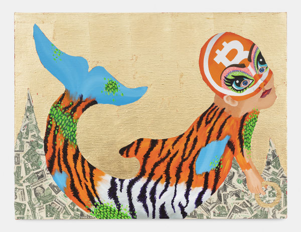 Bailey Scieszka Peaceable Kingdom #2 (Bitcoin Baby/Dolphin/Tiger), 2020 Acrylic, gold leaf, and dollar bills on linen 74 x 56 x 2.5 cm. 29 x 22 x 1 in.
