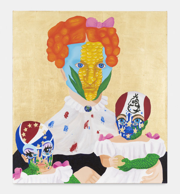 Bailey Scieszka Old Put and the Pepsi/Indigo Generation (The Live), 2020 Acrylic and gold leaf on linen 94 x 87 cm. 37 x 34 inches