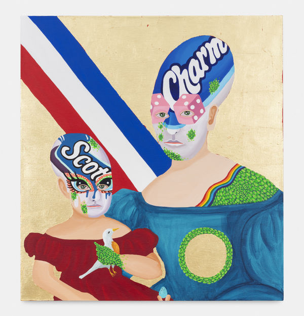 Bailey Scieszka Snake Eyes (Toilet Paper Face Paint with Leucistic Robin), 2020 Acrylic, gold leaf, and dollar bills on linen 94 x 86 x 4 cm. 37 x 34 x 2 in.