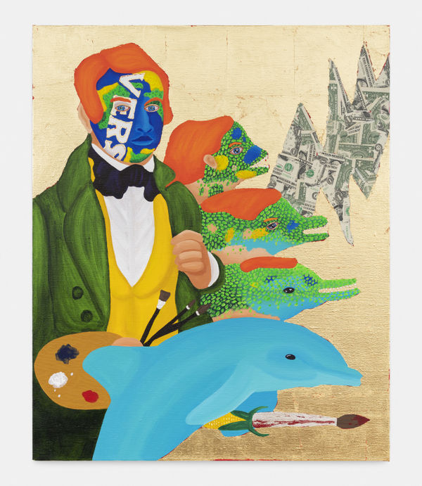 Bailey Scieszka Animorphs: The Artist (Old Put with Universal Studios Face Paint), 2020 Acrylic, gold leaf, silver leaf, and dollar bills on linen 84 x 69 x 4 cm. 33 x 27 x 1.5 in