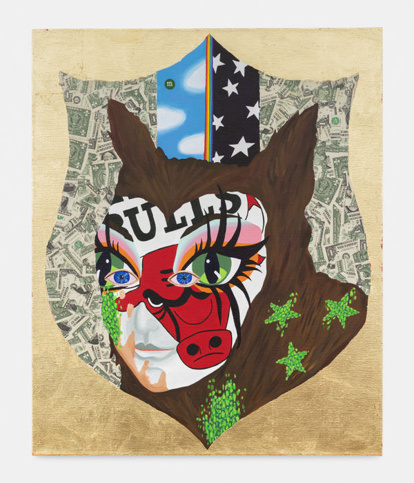 Bailey Scieszka Bull and Bear, 2020 Acrylic, gold leaf, and dollar bills on linen 84 x 69 x 4 cm. 33 x 27 x 1&frac12; in.