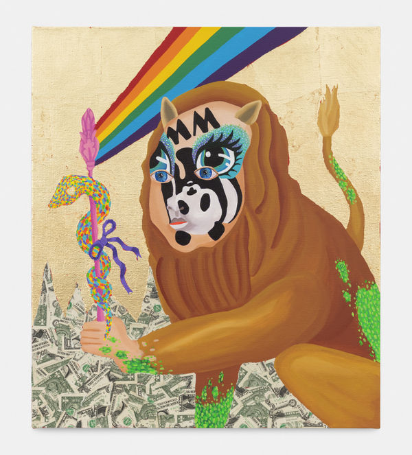 Bailey Scieszka The Peaceable Kingdom #1 (Baby/Cat Animorph with WWF Face Paint, Scepter, and Snake), 2020 Acrylic and gold leaf on linen 74 x 58 cm. 29 x 23 in.