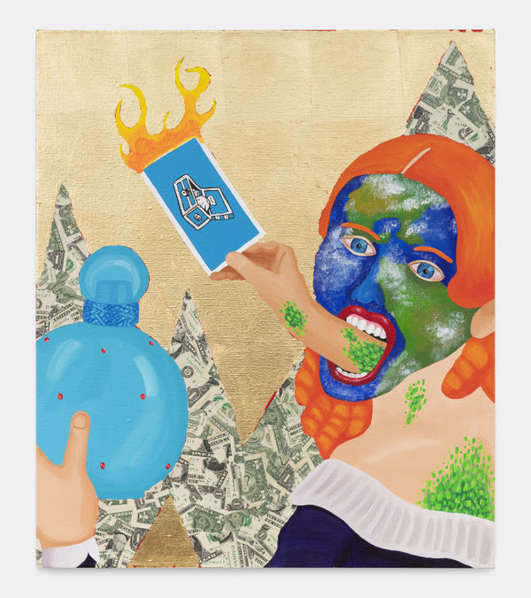 Bailey Scieszka The Community Chest (Old Put and Circus Fantasy), 2020 Acrylic and gold leaf on linen 76 x 66 x 2.5 cm. 30 x 26 x 1 in.