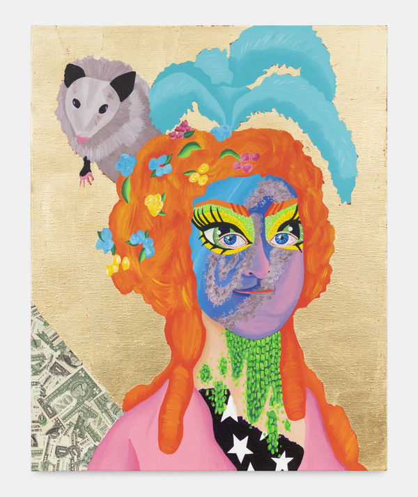 Bailey Scieszka Old Put with Spiral Jetty Face Paint, 2020 Acrylic, gold lead, and dollar bills on linen 76 x 61 x 4 cm. 30 x 24 x 1&frac12; in.