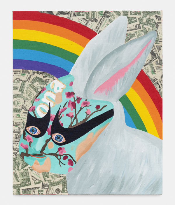 Bailey Scieszka Baby/Bunny with Arizona Iced Tea Face Paint and Nike Eyes, 2020 Acrylic, gold leaf, and dollar bills on linen 53 x 43 x 4 cm. 21 x 17 x 2 in.