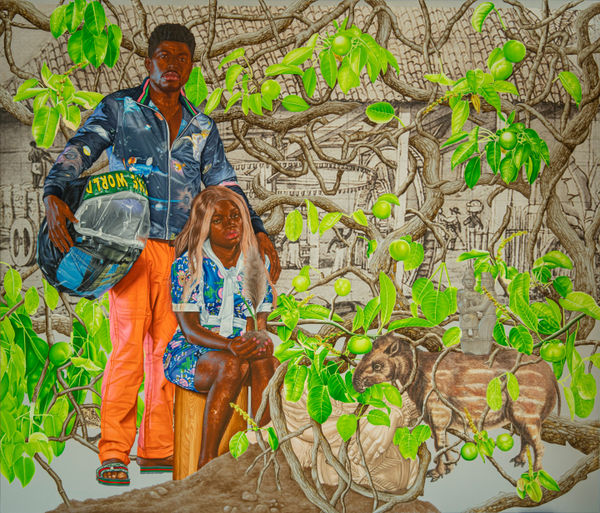 Hilary Balu Là où je suis passé, celui qui passe sera recouvert des terres (serie II), 2023 Acrylic, CYMK ink and sgraffito on canvas 190 x 220 cm. 74.8 x 86.6 in.